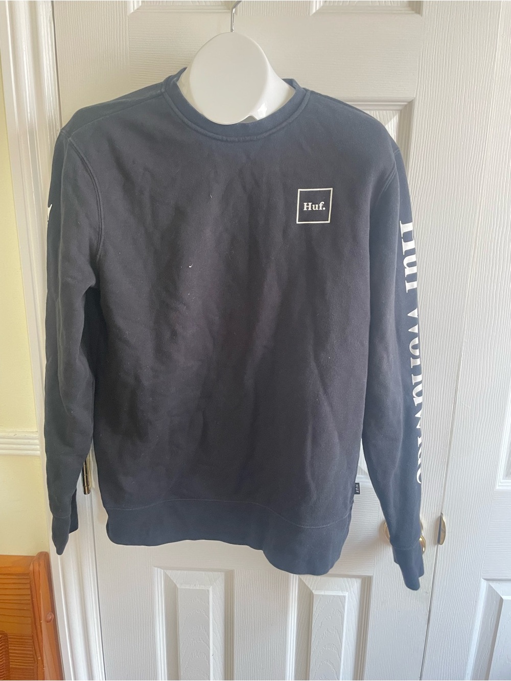 HUF Black Crewneck with White Logo Sleeve Text